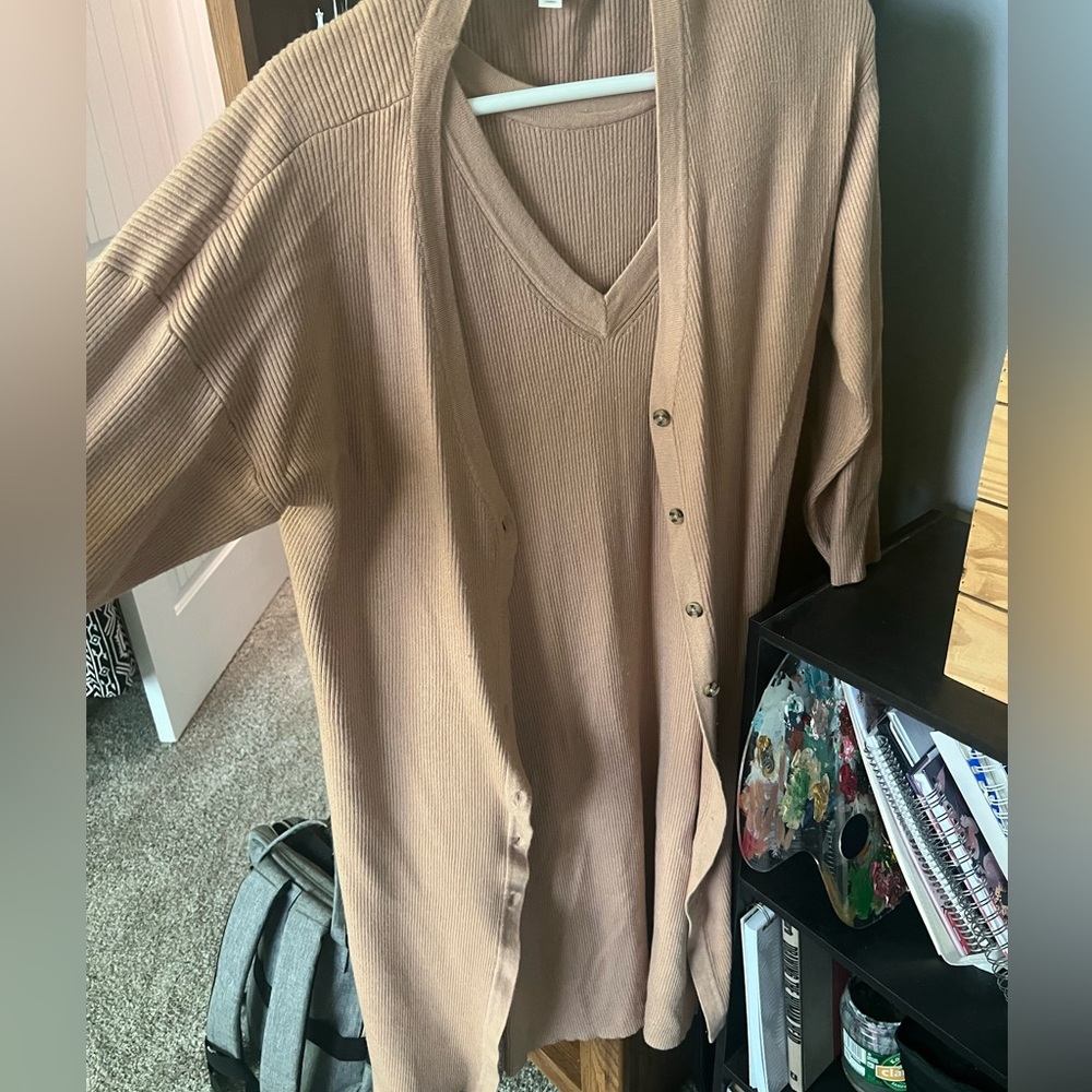 Tan Tank Top Dress with Cardigan